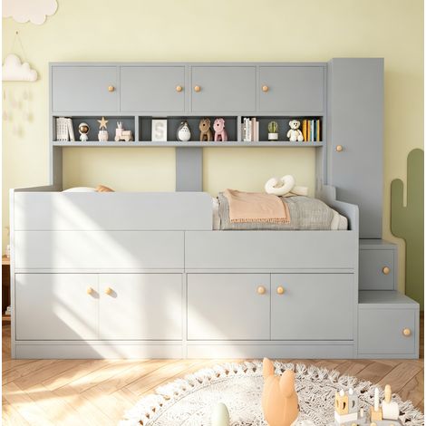 Kinderbett (238x96x150 cm), mit Stauraum, Leiter mit Fächern, Kleiderschrank, LED-Beleuchtung, Holz, Grau (1/5)
