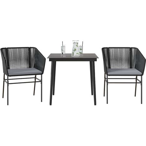3-tlg. Garten-Essgruppe mit Kissen Schwarz Poly Rattan Glas