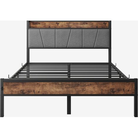 Lit 120x200 cm avec tête de lit de rangement, LED, 2 USB et prise, cadre métal silencieux sans sommier, style bois foncé pour chambre adulte - CHICFURN (1/5)