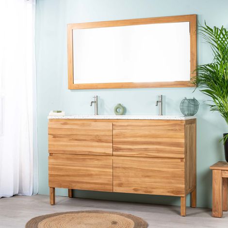 Meuble salle de bain en teck et terrazzo crème Toni 140cm (1/5)