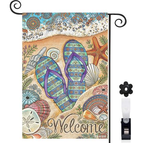 Drapeau de jardin Welcome et motifs de plage 30 x 45 cm décoration terrasse et extérieur (1/5)