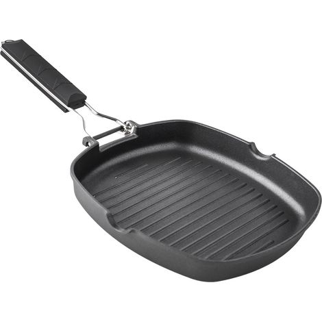 Grill en fonte d'aluminium rayé xylan manche pliable 28cm (1/2)