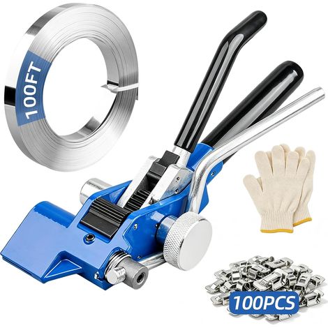 Kit de cerclage de palette avec outil de bandage, bobine de ruban en acier inoxydable, 100 clips de cerclage, gants antidérapants, machine de cerclage manuelle pour l'industrie, la construction et le (1/5)