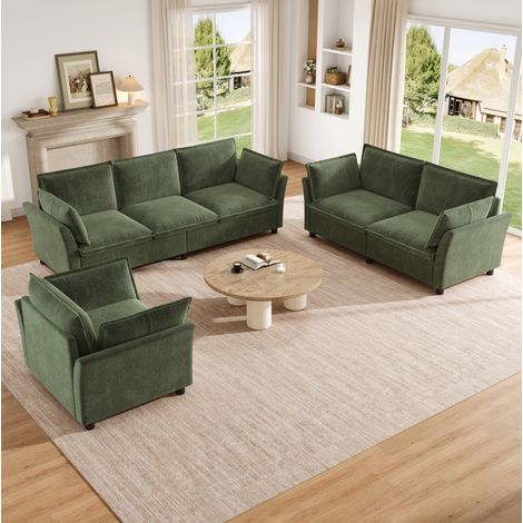 Canapé modulaire 3+2+1 en chenille verte, ensemble salon composable au confort moelleux,220x81x87 cm (1/5)
