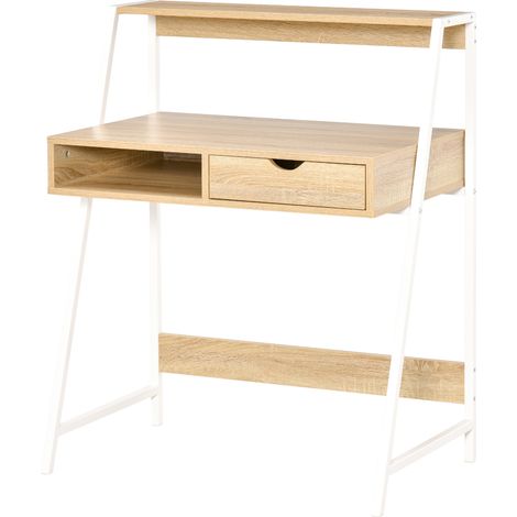 Secrétaire, bureau d'ordinateur, style néo-rétro, tiroir, niche, étagère, métal blanc, aspect chêne clair