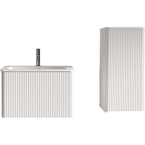 Meuble de salle de bain avec vasque 60 cm suspendu, ensemble blanc avec meuble sous lavabo et colonne de rangement, design moderne rainuré CHICFURN (1/5)