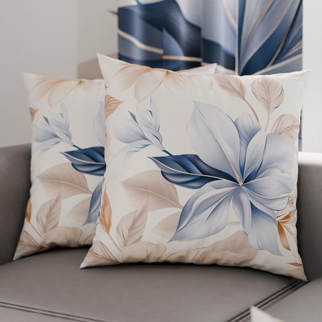 Lot de 2 Taies d'Oreillers 40x40 cm 100% Microfibre Hypoallergénique, Housse Oreiller Rectangulaire Motif Floral Beige Bleu, Paquet de 2 (1/3)