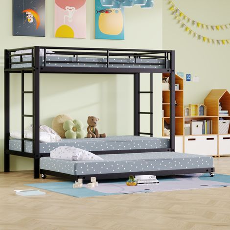 Lit superposé métal noir 90x200 cm avec lit gigogne, garde-corps haut, sommier à lattes inclus (1/5)