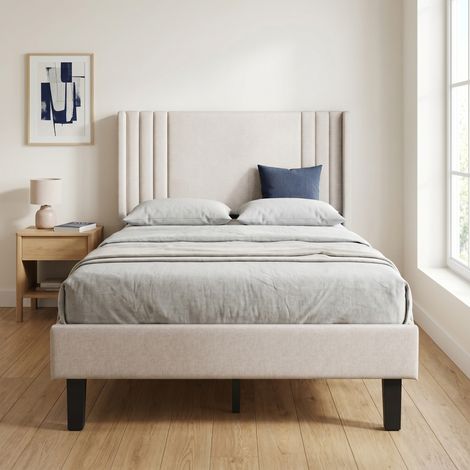 Lit adulte 90x200 cm, Lit simple capitonné avec tête de lit et sommier à lattes silencieux, Lin, style Moderne, Beige (1/5)