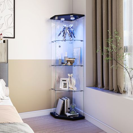 Vitrine d’angle pentagonale 60x44,5x162 cm, meuble vitrine en verre trempé 4 niveaux avec réglable lampe tactile, armoire vitrée verrouillable avec étagères amovibles, base noire