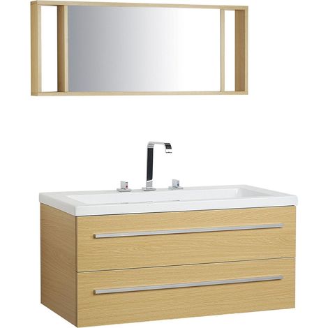 Mobiletto Lavabo Beige e Argento a 2 Cassetti con Specchio Moderno Almeria