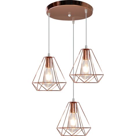 Lampada a Sospensione, 3 Luci Vintage Lampadario da Soffitto in Metallo, Ø20cm Diamante Paralume con E27 Base per Soggiorno Camera da Letto a Isola Cucina (Oro Rosa)