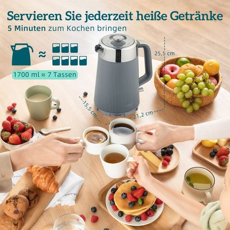 Bouilloire électrique 2200W 1,7L chauffe-eau rapide, filtre anti-tartre, grille-pain 4 fentes, 7 réglages de dorure, couleur gris, set de cuisine (1/5)