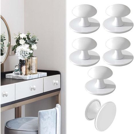 Lot de 6 boutons de porte de placard de cuisine, autocollants blancs, poignées de placard coulissantes pour armoires de cuisine, poignées de tiroir blanches (1/5)