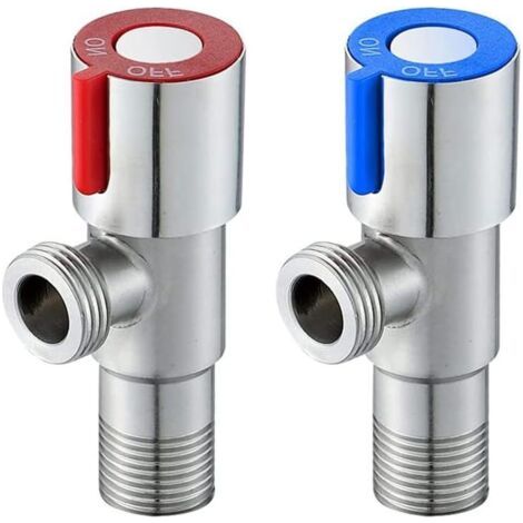 Lot de 2 robinets d'angle en acier inoxydable - Valve d'angle - Robinet de régulation - Pour salle de bain, toilettes, lavabo, cuisine - Bleu et rouge (1/5)