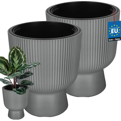 KOTARBAU® Lot de 2 Pot de Fleur - Pot Plastique Plante Ø 29 cm - avec Bac Intérieur -  Pot de Jardin - Pot de Fleur Exterieur -  H : 36 cm - PVC - Gris - Nervuré (1/4)