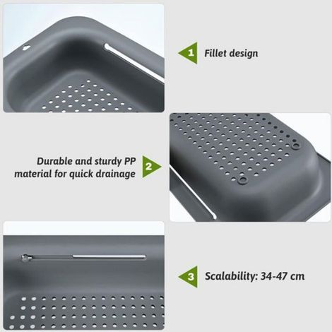 Passoire d'évier - - Extensible - PP alimentaire sans BPA - 34–47 cm - Trous drainage 0,5 cm (1/4)
