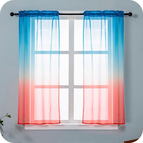Paire de rideaux voile semi-transparents, couleur dégradée, bleu et rouge, rideau pour salon, chambre, cuisine, intérieur, 2 panneaux avec poche 70x138cm (1/5)