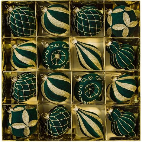Lot de 16 boules de Noël velours vert foncé, 8cm – paillettes dorées, décoration pour sapin et fêtes (1/2)