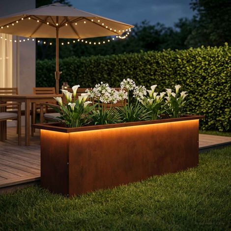 vidaXL Jardinera para jardín con luces LED Oxidado 30 x 100 x 30 cm (1/5)