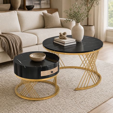 Mesa de centro 2 en 1 redonda de MDF con cajón, efecto mármol, negro y dorado HAVRYA (1/5)