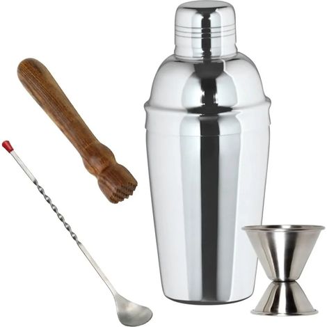 Edelstahl Cocktail Shaker Set - 3-teilig mit Stößel, Barlöffel & Jigger - Für Professionelle Cocktails & Drinks