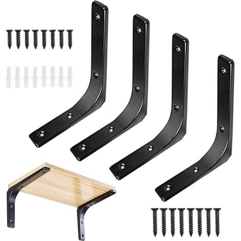 Lot de 4 supports muraux noirs pour étagère, supports métalliques en forme de L, 150 x 125 mm (1/5)