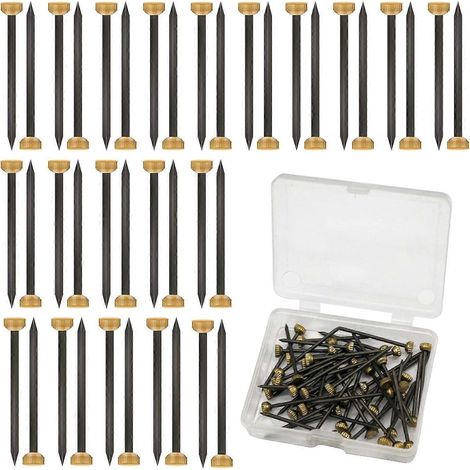 Lot de 50 clous pour accrocher des tableaux - Petits clous en acier noir à tête en laiton - pour tableaux, décorations murales, toiles, cadres de miroirs, avec rangement en plastique (1/5)