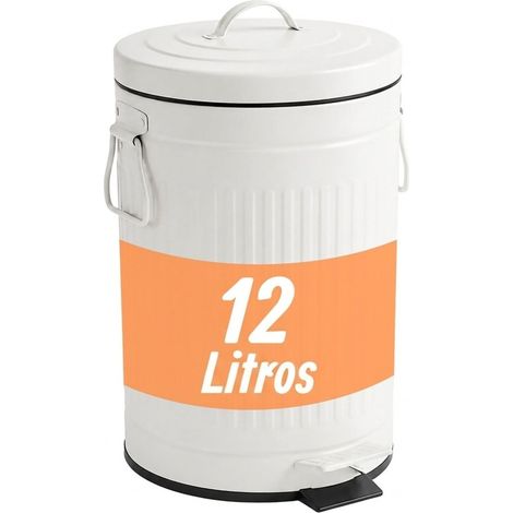 Relaxdays Cubo de basura retro, 12 l, cocina y baño, pedal, cierre suave, cubeta extraíble, metal, blanco (1/5)