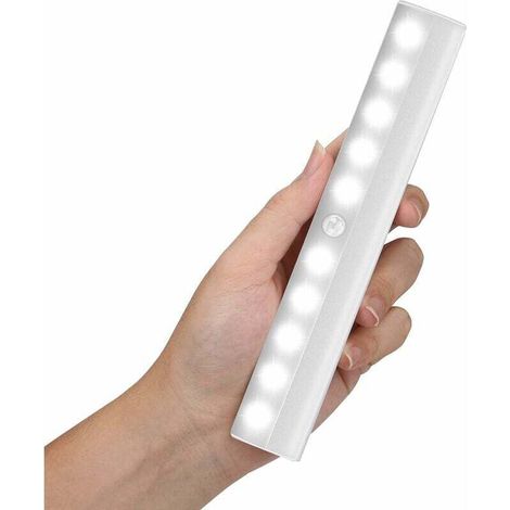 Barre lumineuse de capteur de mouvement d'intérieur sans fil à 10 LED avec 3 autocollants magnétiques pour armoires, escaliers, marche / arrêt automatique, lumière blanche et chaude (1/5)