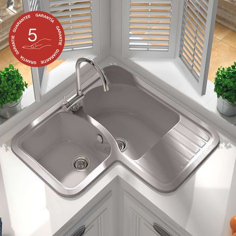 Evier pour meuble d'angle à encastrer Poalgi Jade Gris Concret - 2 bacs avec égouttoir