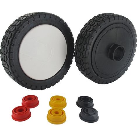 Jardiaffaires – Roue de tondeuse universelle 150mm – Largeur 40mm – Longueur moyeu 35mm – 3 jeux de bagues 8/10/12mm inclus