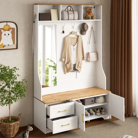MEUBLIV Mueble de entrada 120x40x187 cm blanco y madera – espejo, LED, almacenamiento (1/5)