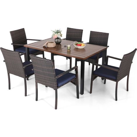 PHIVILLA Rattan Garden Furniture Set 7 Pcs, Teak Color Rectangular Dining Table and 6 Rattan Garden Chairs, Navy Blue Cushion Included, Garden Table and Chairs, Weatherproof, Black and Brown (1/5)