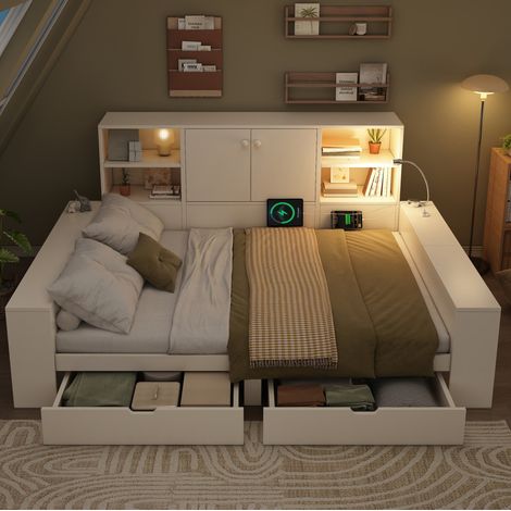 Bett 140x200 cm Weiß modern aus Holz mit Stauraum-Kopfteil, 2 Schubladen, Lattenrost und USB/USB-C (1/5)