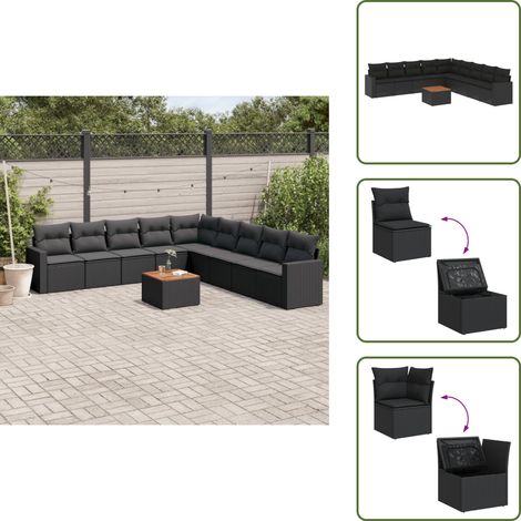 The Living Store 10-tlg. Garten-Sofagarnitur mit Kissen Schwarz Poly Rattan - Gartenmöbel Set - Esszimmerset Outdoor - Lounge Möbel - Rattan Gartenmöbel - Wetterfeste Gartenmöbel (1/5)