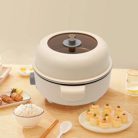 Casserole électrique multifonction, mini-casserole électrique ronde portable 1,5 L avec cuiseur vapeur et couvercle, pour maison, bureau et les voyages (kaki)