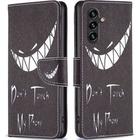 Custodia a libro per Samsung Galaxy A15, a portafoglio, con scritta "Non toccare il mio telefono", nera + vetro 9H (1/5)