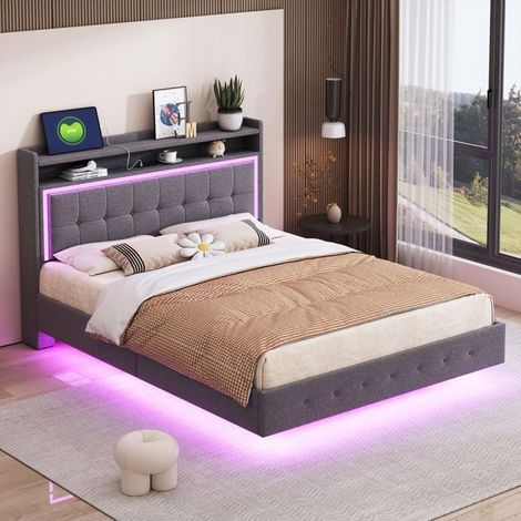 Cama 140x190 - Lino gris - Cabecero con USB y LED - Estructura de cama con somier de lamas de madera - cama para adultos
