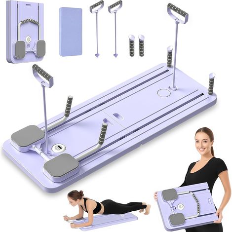Planche Pilates Reformer – 5 en 1 avec roue abdos – rebondissement automatique et minuterie – pliable multifonction – maison salle de sport – Violette (1/5)