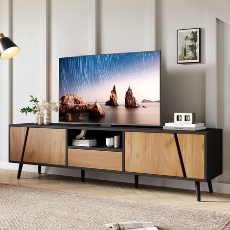 Meuble TV avec 2 Portes, 1 Tiroir et 1 Niche Ouverte, pour Salon, 180 x 40 x 46 cm, Noir et Bois (1/5)