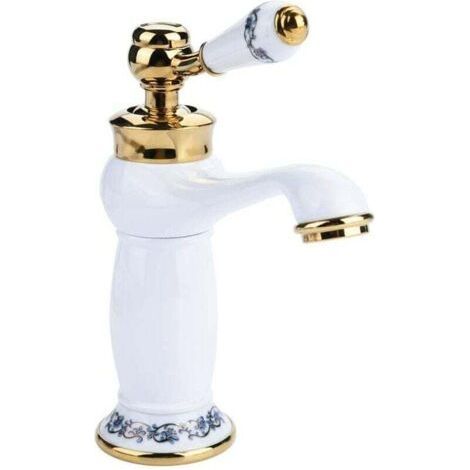 Rétro Mitigeur Robinet de Lavabo Laiton & Céramique Évier Robinet Bleu Et Blanc en Porcelaine À Long Cou Vintage Floral avec l'entrée Robinet d'eau Froide/Chaude Cuisine Salle de bain(blanc) (1/5)