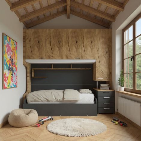 Cameretta a ponte con letto estraibile e spazio intelligente - Quercia e basalto