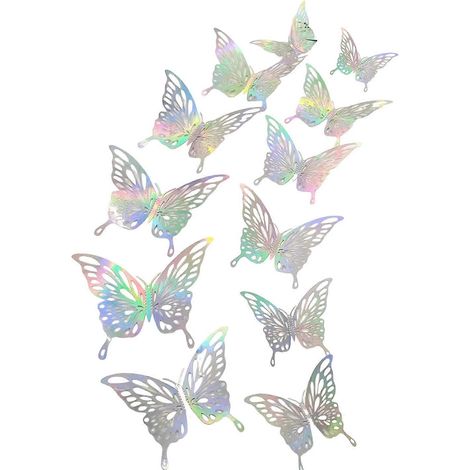Stickers muraux papillons 3D ajourés – Lot de 12 – Installation facile – Décoration pour chambre et fête d'anniversaire - Argent laser (1/5)