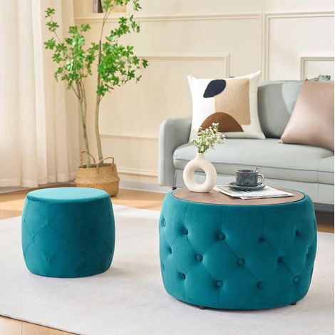 Set di 2 pouf rotondi impilabili, 58 cm, in velluto blu, con contenitore, vassoio in legno rimovibile, consegnati montati