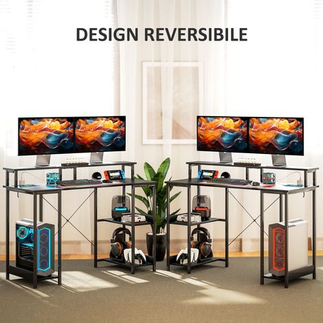 Bureau d'ordinateur réversible noir 120x50cm avec prises secteur, bande LED, support moniteur et tablette intégrée (1/5)