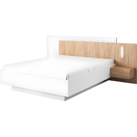 Letto con comodini 160 x 200 cm 2 cassetti Con LED Bianco e Naturale + Rete + Materasso - FRANCOLI (1/4)