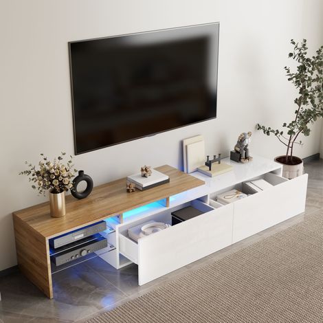 Mueble TV de 170 cm con almacenaje, estantes de vidrio y LED 16 colores blanco y madera OKMYHOME (1/5)