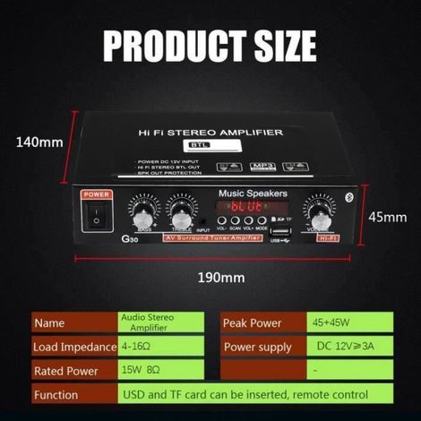 Amplificateur Audio - Bluetooth 4.0 - 2 Canaux - 18 W RMS - Alimentation AC 220 V DC 12 V - Pour Maison Voiture - 1 Pièce (1/4)
