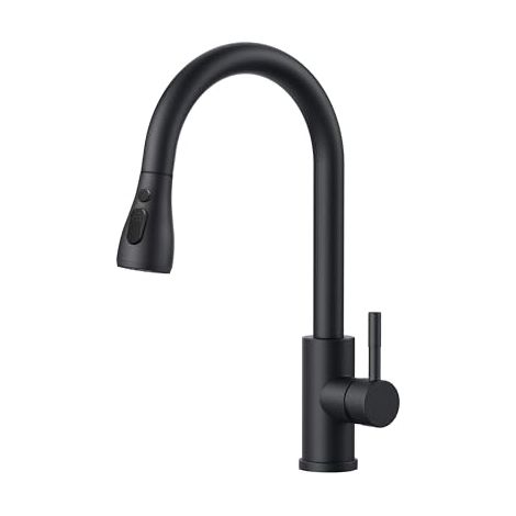 Grifo de cocina, mezclador con rociador extraíble, monomando giratorio, grifo para fregadero de arco alto y extraíble de acero inoxidable, negro mate